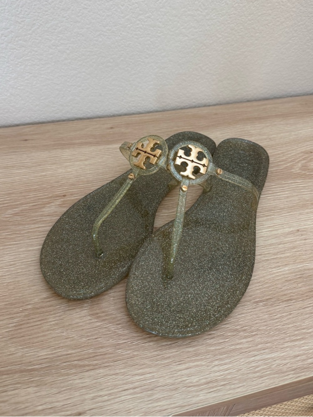 Gold Glitter Thong Sandals with Logo Medallion